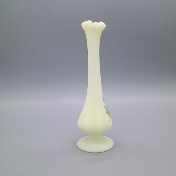 Fenton Yellow Satin Custard Glass Hand Painted Bud Vase Blue Satin Roses Signed - Picture 5 of 9